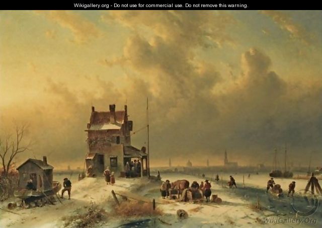 Busy Townsfolk On The Ice, Amsterdam In The Distance - Charles Henri Leickert
