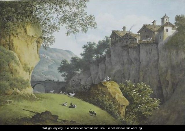 View Of A Ravine In The Mountains, Goats In The Foreground, Houses Perched On A Cliff To The Right - Joseph Augustus Knip