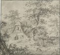 A Thatched Woodland Cottage With A Man And His Dog In The Foreground - Pieter Barbiers