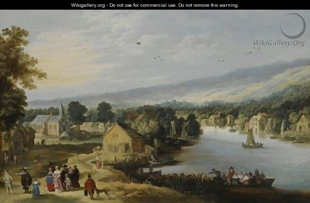 An Extensive Landscape With A Village Near A River, With An Elegant Family On A Path In The Foreground, A Ferryboat And Small Sailing Vessels In The Water, A Church Beyond - (after) Philippe De Momper