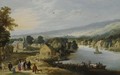 An Extensive Landscape With A Village Near A River, With An Elegant Family On A Path In The Foreground, A Ferryboat And Small Sailing Vessels In The Water, A Church Beyond - (after) Philippe De Momper