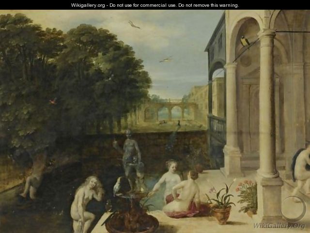 Nymphs Bathing In A Classical Garden Setting - Adriaan van Stalbemt