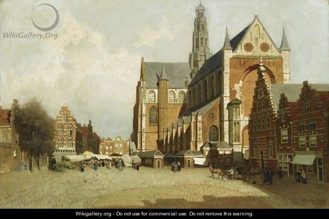 A Market By The St Bavo Church, Haarlem - Johannes Christiaan Karel Klinkenberg