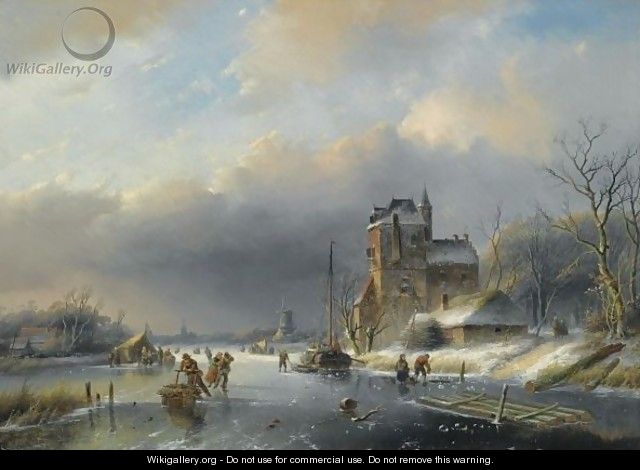 A Winter Landscape With Many Figures On A Frozen Waterway - Jan Jacob Coenraad Spohler