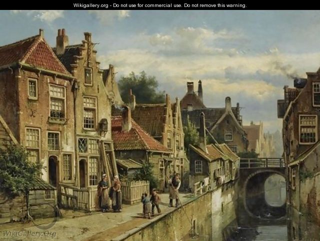 Figures On A Quay In A Sunlit Town, Possibly Haarlem - Willem Koekkoek