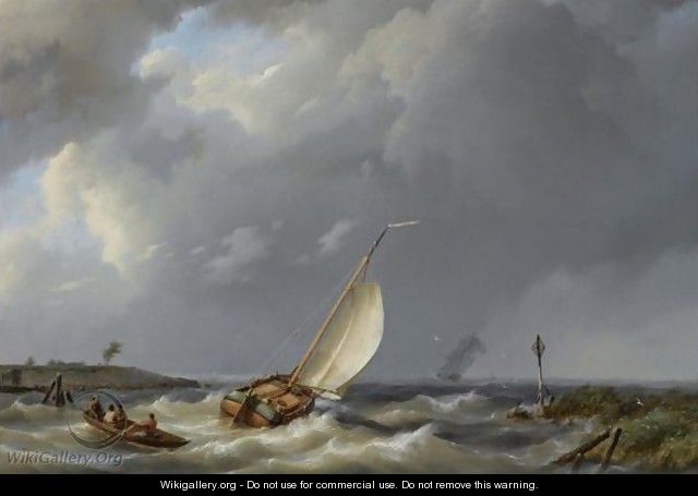 A Fishing Vessel Heading Into Open Waters, A Two-Mast In The Distance - Hermanus Koekkoek