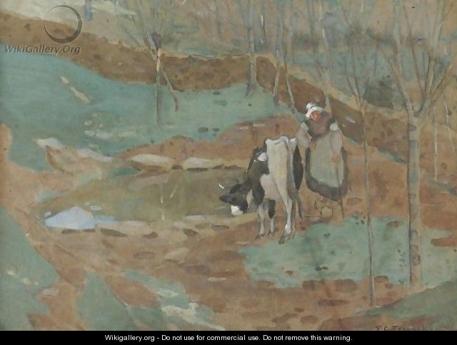 Woman And Cow In A Landscape - Frederick Carl Frieseke