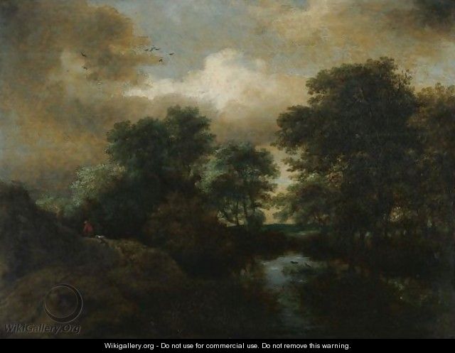 A Wooded Landscape With A Pool And A Peasant With His Dogs On A Rise - (after) Jacob Van Ruisdael