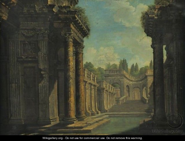 Architectural Capriccio With Roman Ruins - (after) Giovanni Paolo Panini
