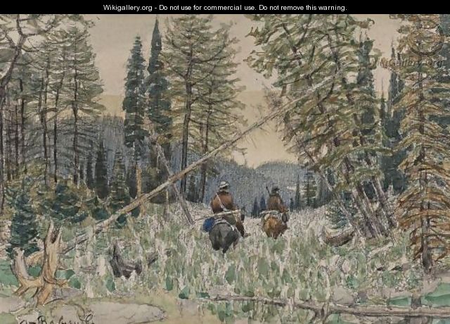 Hunters On Horseback In A Pine Forest - Apollinari Mikhailovich Vasnetsov