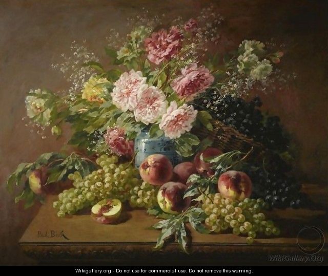 Still Life With Flowers, Peaches And Grapes - Paul Biva