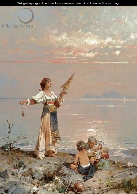 Figures On The Shore In The Bay Of Naples - Franz Richard Unterberger