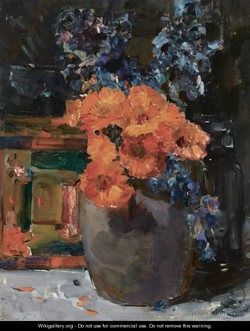 A Still Life With Marigold And Delphinium In A Bowl - Floris Verster