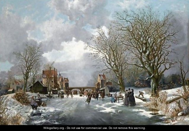 A Dutch Winter Scene With Many Elegant Figures On The Ice - Franciscus Lodewijk Van Gulik