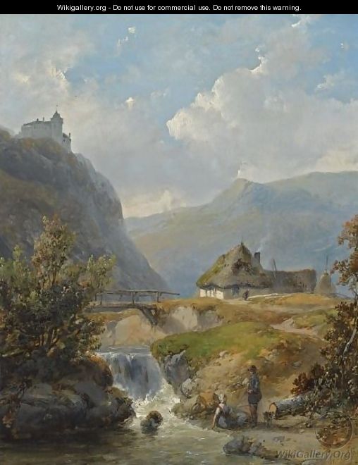 Two Figures Conversing In A Mountainous Landscape - Andreas Schelfhout