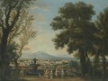 An Extensive Italianate Landscape With Elegant Figures On A Terrace Overlooking A Town - Isaac de Moucheron