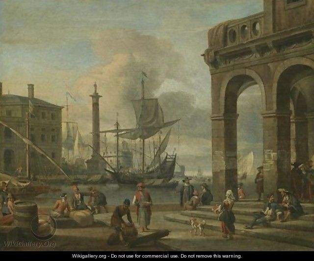 A Mediterranean Harbour Capriccio With Figures Unloading Cargo In The Foreground - Abraham Storck