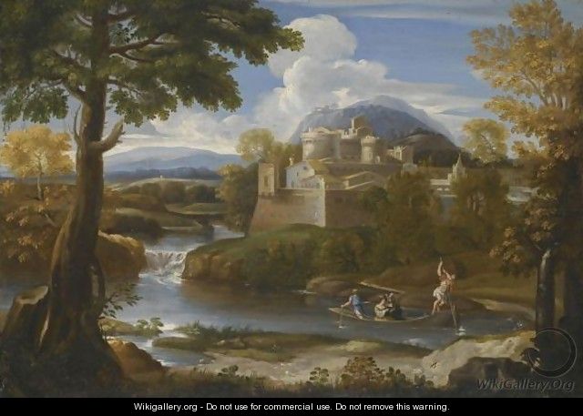 A River Landscape With An Elegant Couple Boating In The Foreground - Giovanni Francesco Grimaldi