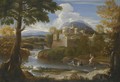 A River Landscape With An Elegant Couple Boating In The Foreground - Giovanni Francesco Grimaldi