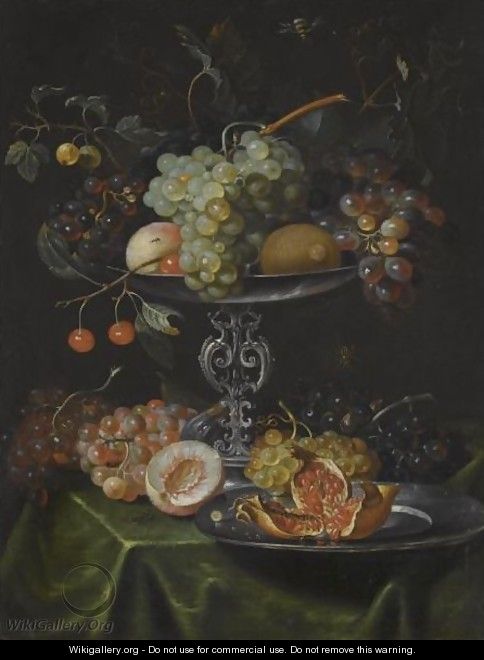 A Still Life With Grapes, Pomegranates And Peaches In A Silver Dish - Jacob Marrel