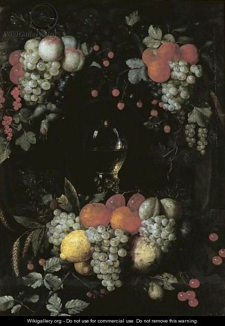 A Still Life With A Roemer, Oranges, Grapes, Plums, Lemons And Other Fruit In A Niche Surrounded By Garlands Of Fruit - Jan Pauwel Gillemans The Elder