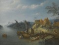 A River Landscape With Figures On A Bank And In Boats - Joseph van Bredael