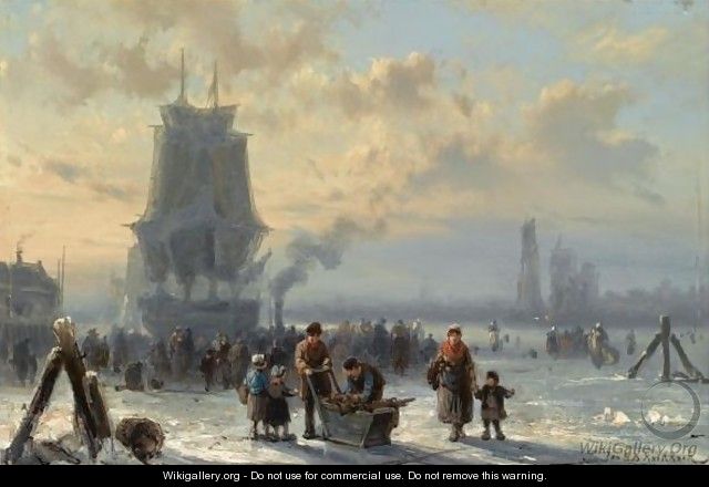 Many Figures Skating On The Ice, Boats In The Background - Johannes Hermann Barend Koekkoek