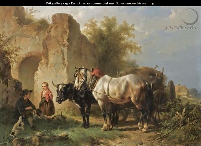 Hay-Time, Resting Figures Near An Ox And Horse - Wouterus Verschuur