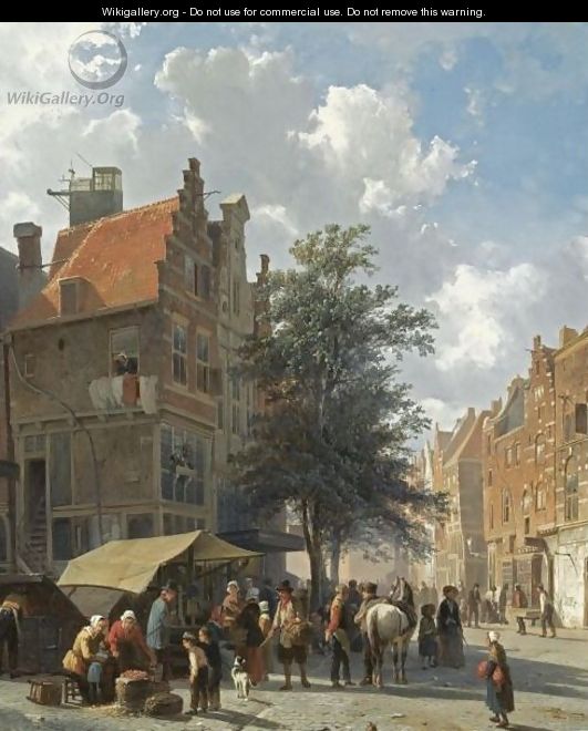 Market Scene In The Sunlit Streets Of A Dutch Town - Cornelis Springer