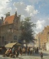 Market Scene In The Sunlit Streets Of A Dutch Town - Cornelis Springer
