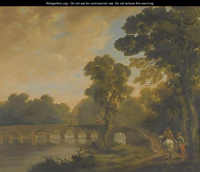 Travellers On A Bridge, In A River Landscape - (after) George Barrett