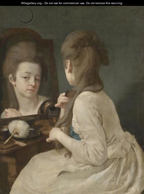 An Interior With A Young Lady At Her Toilet, Combing Her Hair Before A Mirror - Johann Anton de Peters