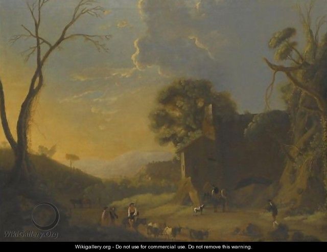 An Extensive Italianate Landscape With Travellers And Goat Herders Resting In The Foreground - (after) Herman Van Swanevelt