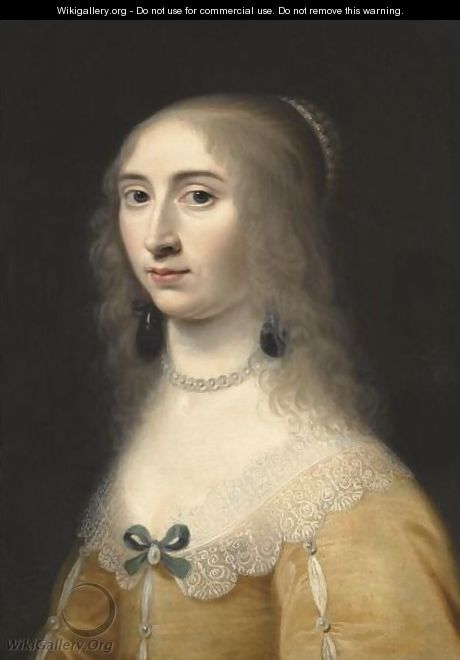 Portrait Of A Lady, Head And Shoulders, Wearing A Yellow Dress And A Pearl Necklace And Headdress - Jacob Willemsz II Delff