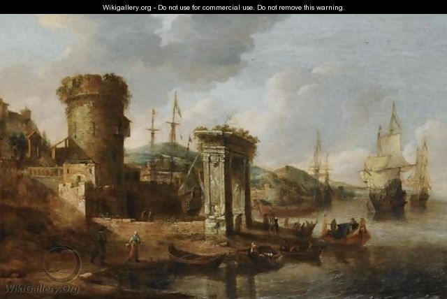 A Capriccio Of A Mediterranean Harbour With Elegant Figures Embarking A Boat, A Roman Triumphal Arch, And Dutch Men-Of-War Beyond - Jan Abrahamsz. Beerstraten
