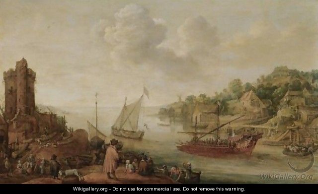 A River Estuary With A Royal Barge And Other Shipping, A Ruined Tower And Numerous Figures On The Banks In The Foreground - Adam Willaerts