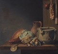 A Kitchen Still Life With A Cabbage, Onions, Parsnips, A Jug And Other Kitchen Utensils Over A Wooden Table - (after) Hubert Van Ravesteyn