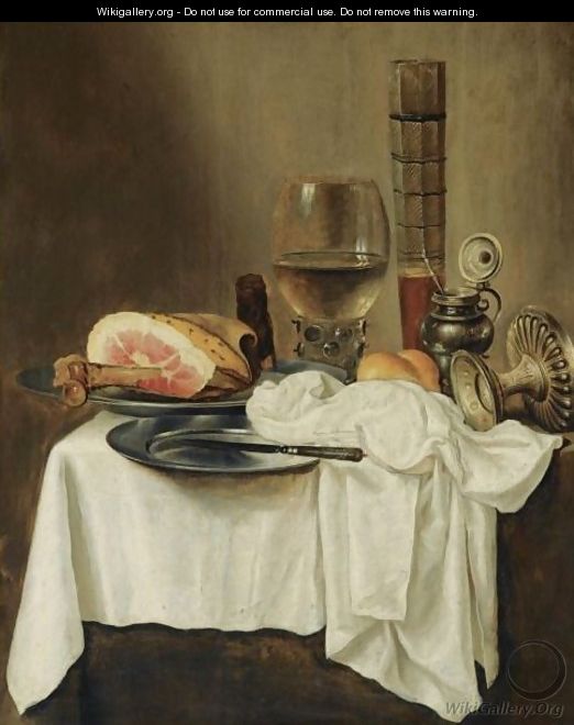 Still Life With A Roemer And A Pasglas, A Ham And A Knife On Pewter Plates - (after) Willem Claesz. Heda