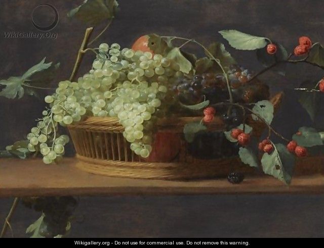 Still Life Of Blue And White Grapes, Together With Wild Strawberries, All In A Basket, On A Wooden Ledge - Jacob Foppens Van Es
