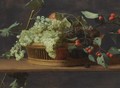 Still Life Of Blue And White Grapes, Together With Wild Strawberries, All In A Basket, On A Wooden Ledge - Jacob Foppens Van Es