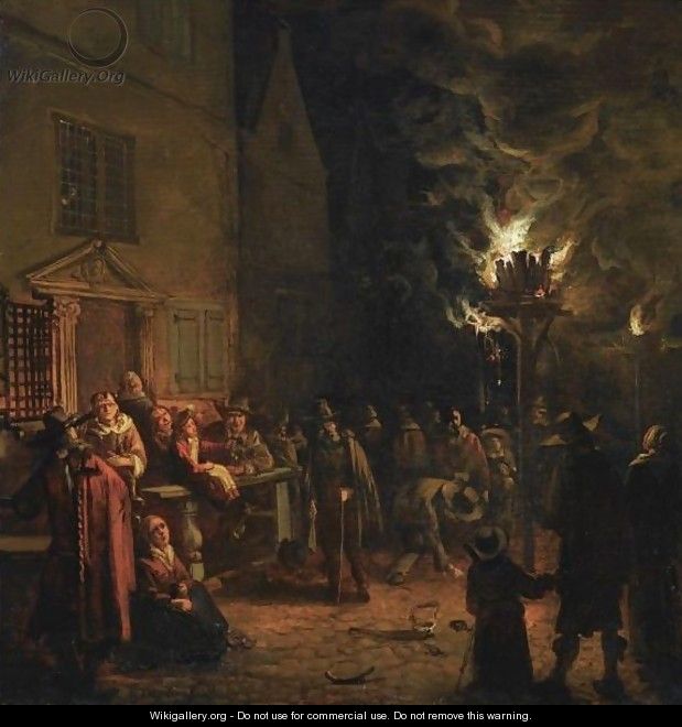 A Nocturnal Village Scene On The Oude Delft, With Numerous Figures Gathered Around A Burning Tar-Barrel - Egbert Lievensz. Van Der Poel