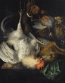 A Hunting Still Life Of A Dead Hare And A Cockerel Suspended From A Hook, A Dead Partridge And Two Songbirds, Together With Various Hunting Gear - Bartholdt Wiebke