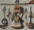 A Trompe L'Oeil Hunting Still Life With A Rifle, A Bird In A Cage, A Hunting Horn, A Bird-Whistle And Other Hunting Gear - Johannes Leemans