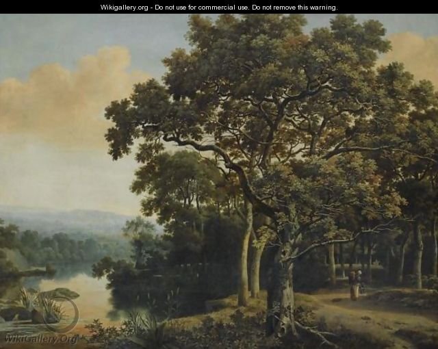 A Wooded Landscape With A Gypsy Woman With Two Children On A Path, Beside A Lake At Sunset - Joris van der Haagen or Hagen