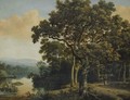 A Wooded Landscape With A Gypsy Woman With Two Children On A Path, Beside A Lake At Sunset - Joris van der Haagen or Hagen