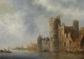 A River Landscape With A Ruined Castle And Men Casting A Net From A Rowing Boat - Wouter Knijff