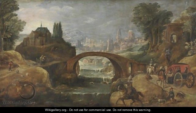 View Of The Outsksirts Of A Town With Elegant Travellers Along The Banks Of A River - (after) Pieter Meulener