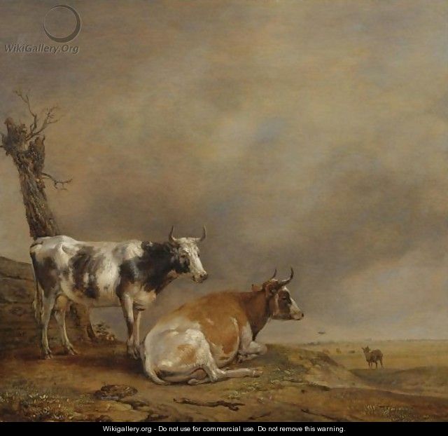 Two Cows And A Goat By A Pollarded Tree In A Landscape With Other Cows In The Distance - Paulus Potter