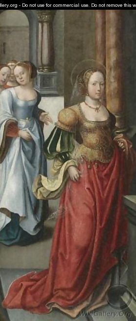 A Female Saint In A Porticoed Interior With Other Female Figures Behind - South Netherlandish School