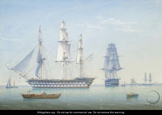 Two 64-Gun British Men-Of-War Ships In A Calm With Other Shipping - William Joy